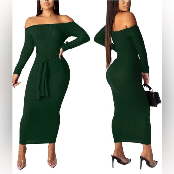 Off Shoulder Long Sleeves Bodycon Sweater Dress ( dark green) - Picture 2 of 3